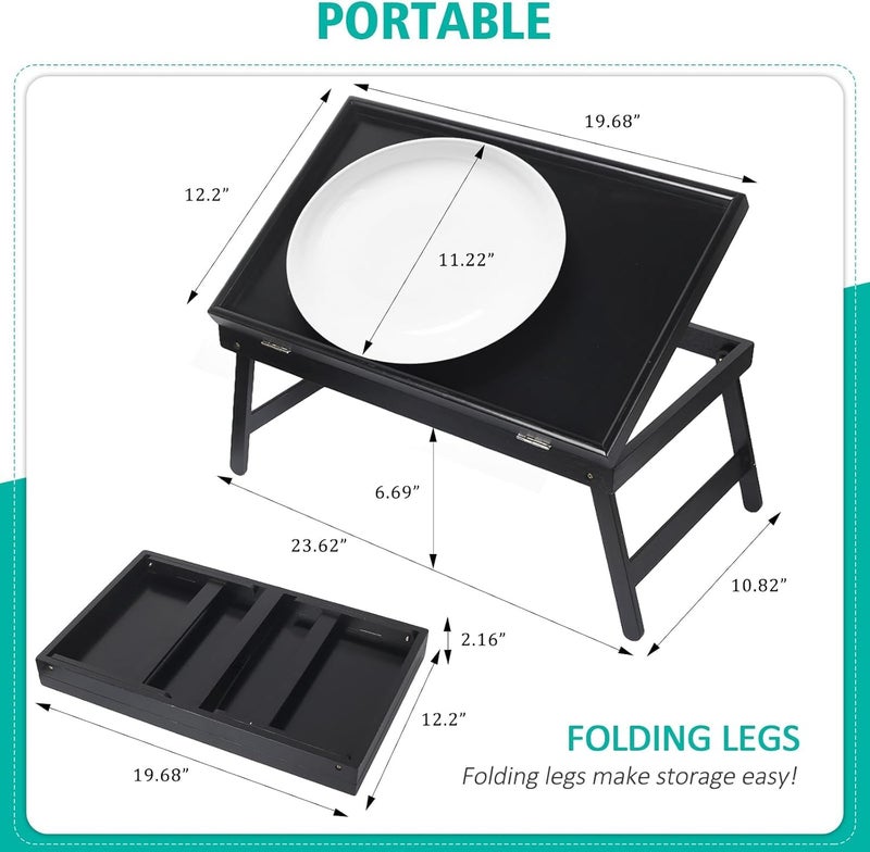 Artmeer Bed Tray Table Breakfast Food Tray with Folding Legs Kitchen Serving Tray for Lap Desks Notebook Computer Bed Platters TV Snack Tray, Adjustable (Black) - Image 2